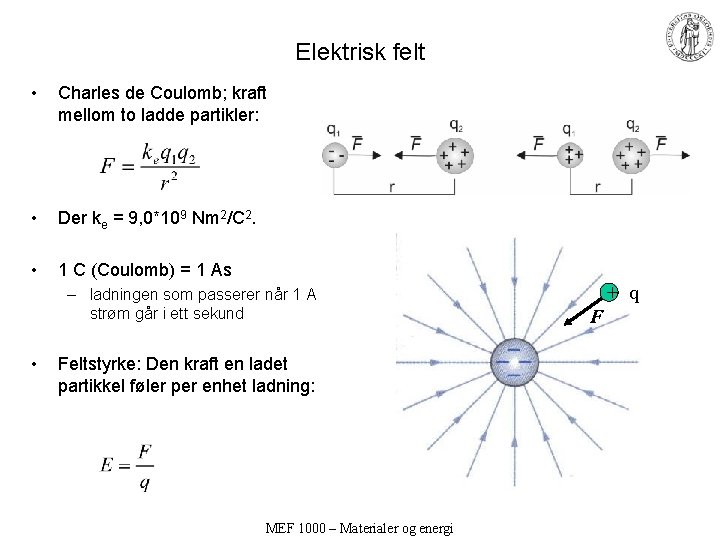 Elektrisk felt • Charles de Coulomb; kraft mellom to ladde partikler: • Der ke