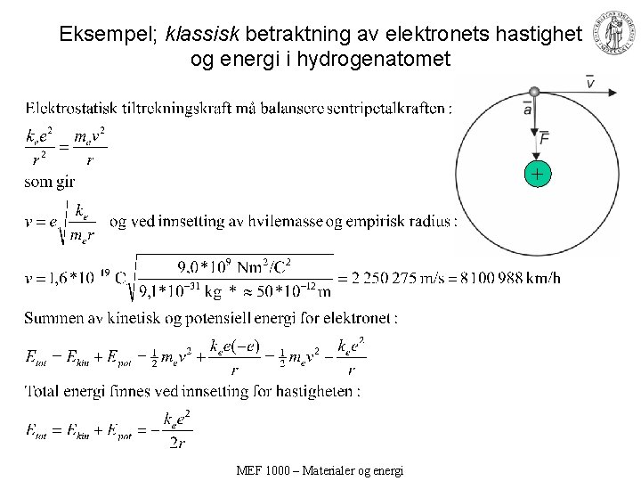 Eksempel; klassisk betraktning av elektronets hastighet og energi i hydrogenatomet + MEF 1000 –
