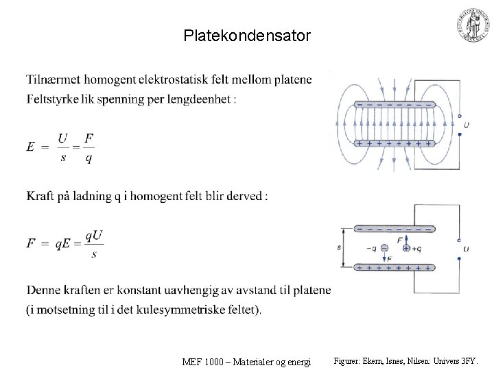 Platekondensator MEF 1000 – Materialer og energi Figurer: Ekern, Isnes, Nilsen: Univers 3 FY.