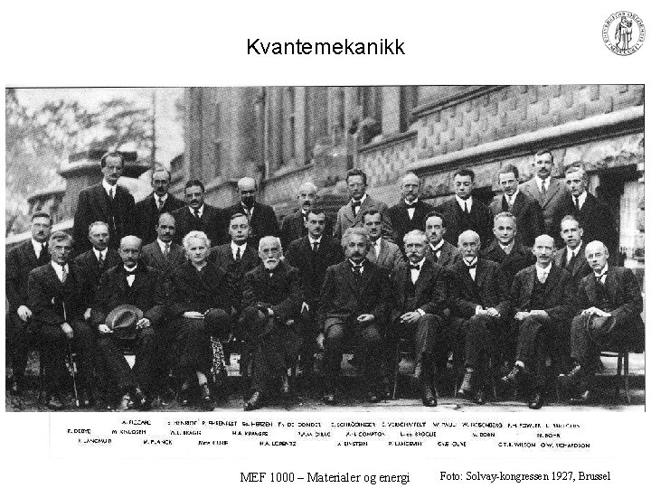 Kvantemekanikk MEF 1000 – Materialer og energi Foto: Solvay-kongressen 1927, Brussel 