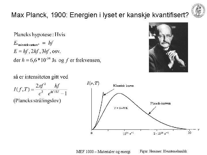 Max Planck, 1900: Energien i lyset er kanskje kvantifisert? MEF 1000 – Materialer og