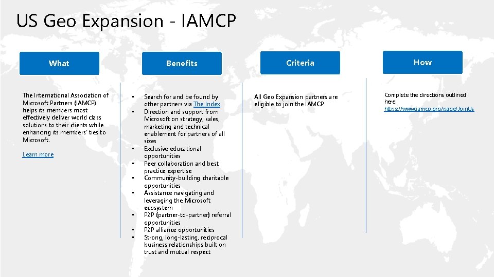 US Geo Expansion - IAMCP What The International Association of Microsoft Partners (IAMCP) helps