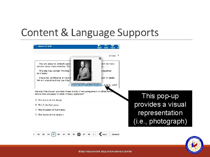Content & Language Supports This pop-up provides a visual representation (i. e. , photograph)