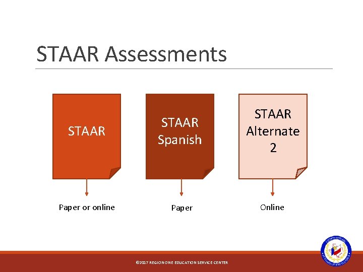 STAAR Assessments STAAR Spanish STAAR Alternate 2 Paper or online Paper Online © 2017