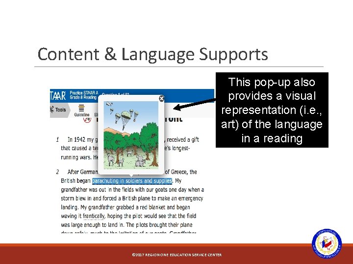 Content & Language Supports This pop-up also provides a visual representation (i. e. ,