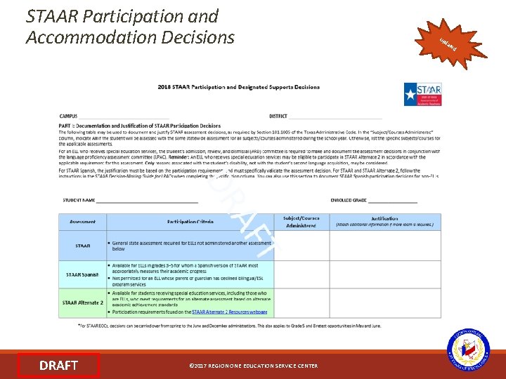 STAAR Participation and Accommodation Decisions DRAFT © 2017 REGION ONE EDUCATION SERVICE CENTER Up