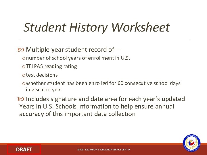 Student History Worksheet Multiple-year student record of — o number of school years of