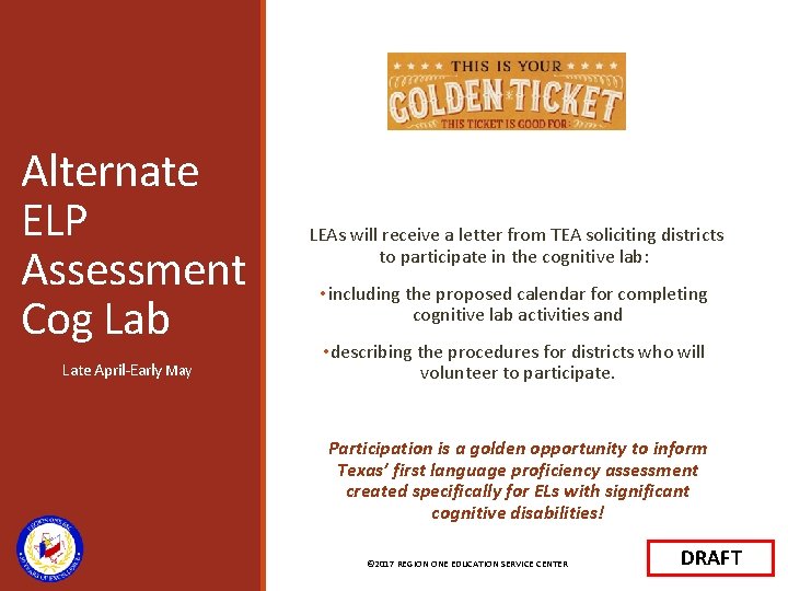 Alternate ELP Assessment Cog Lab Late April-Early May LEAs will receive a letter from