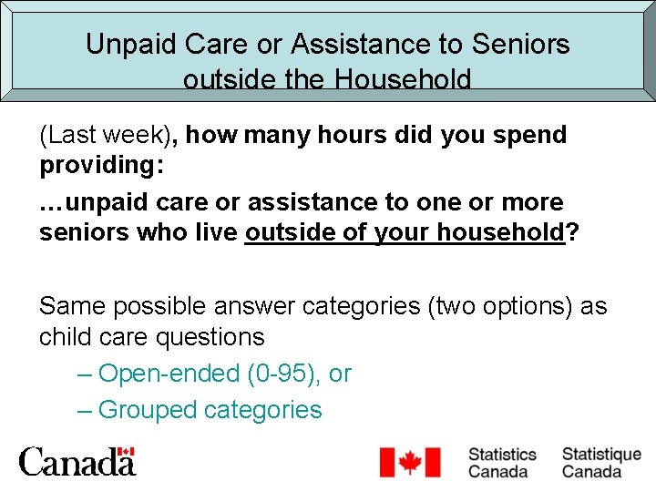 Unpaid Care or Assistance to Seniors outside the Household (Last week), how many hours