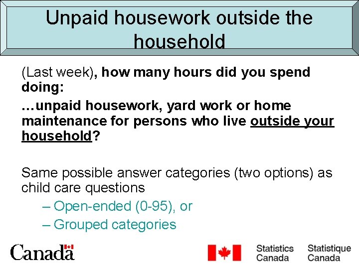 Unpaid housework outside the household (Last week), how many hours did you spend doing: