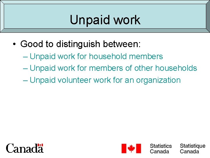 Unpaid work • Good to distinguish between: – Unpaid work for household members –