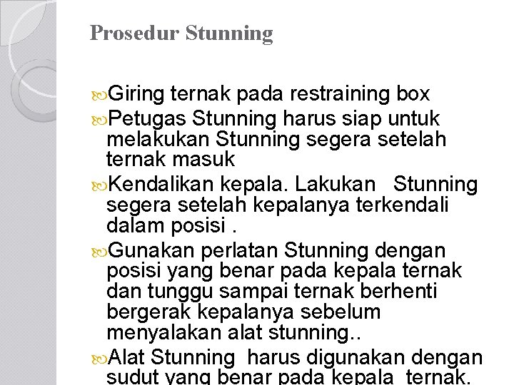 Prosedur Stunning Giring ternak pada restraining box Petugas Stunning harus siap untuk melakukan Stunning