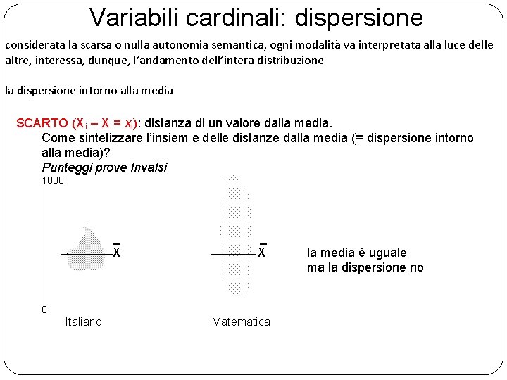  Variabili cardinali: dispersione considerata la scarsa o nulla autonomia semantica, ogni modalità va