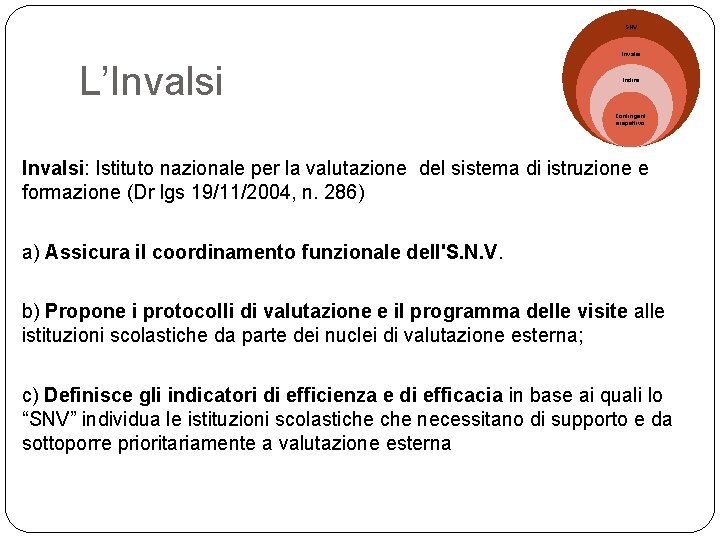 SNV Invalsi L’Invalsi Indire Contingent e ispettivo Invalsi: Istituto nazionale per la valutazione del