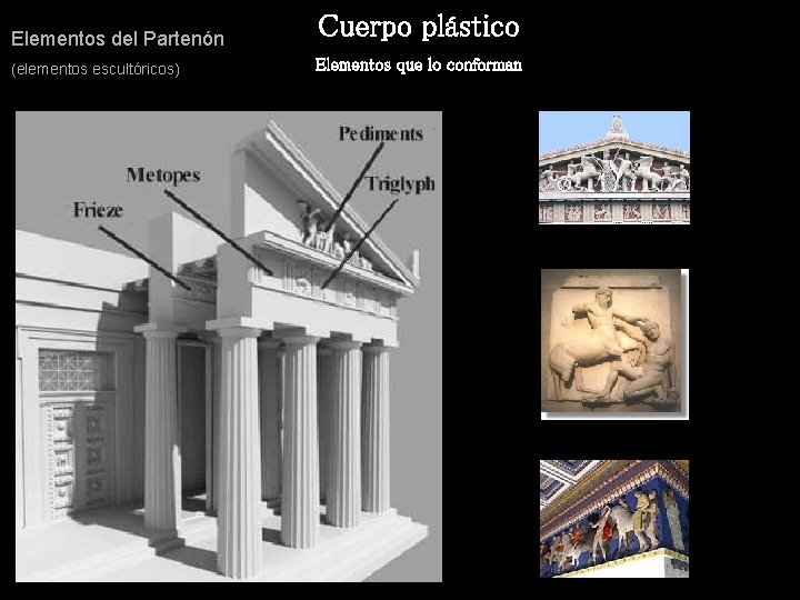 Elementos del Partenón (elementos escultóricos) Cuerpo plástico Elementos que lo conforman 