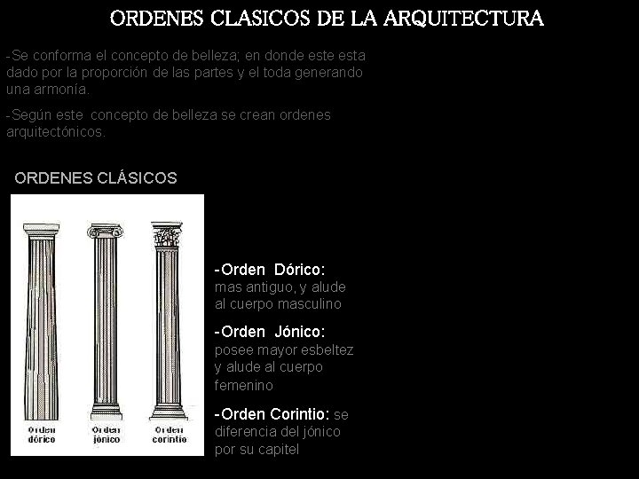 ORDENES CLASICOS DE LA ARQUITECTURA -Se conforma el concepto de belleza; en donde esta