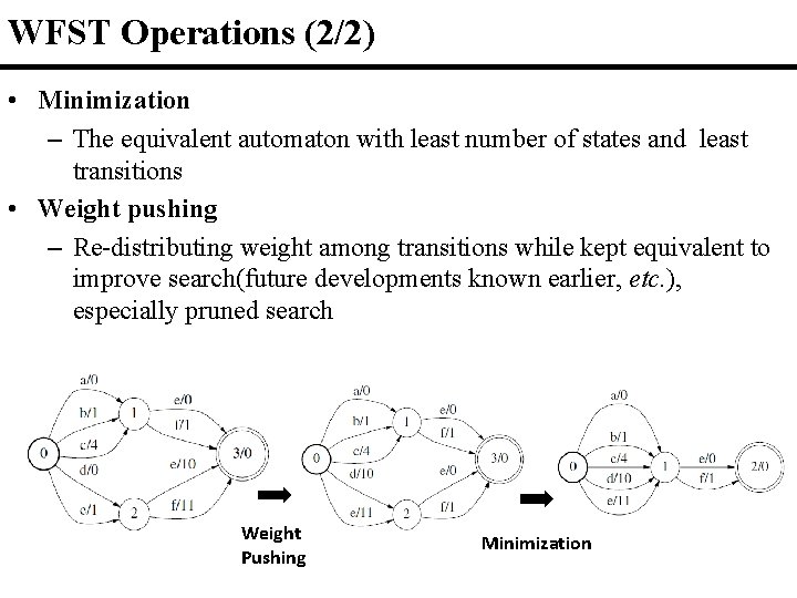 WFST Operations (2/2) • Minimization – The equivalent automaton with least number of states