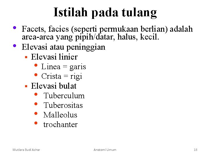 Istilah pada tulang • • Facets, facies (seperti permukaan berlian) adalah area-area yang pipih/datar, Istilah pada tulang • • Facets, facies (seperti permukaan berlian) adalah area-area yang pipih/datar,