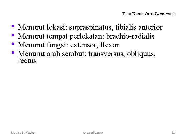 Tata Nama Otot-Lanjutan 2 • Menurut lokasi: supraspinatus, tibialis anterior • Menurut tempat perlekatan: Tata Nama Otot-Lanjutan 2 • Menurut lokasi: supraspinatus, tibialis anterior • Menurut tempat perlekatan: