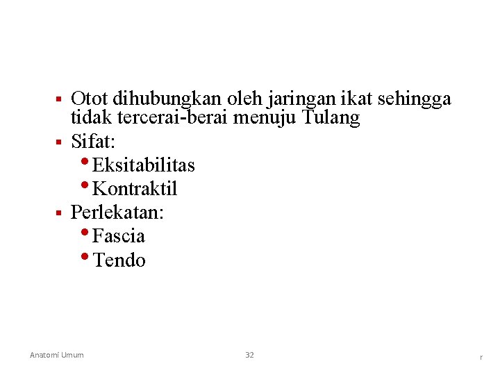 § § § Otot dihubungkan oleh jaringan ikat sehingga tidak tercerai-berai menuju Tulang Sifat: § § § Otot dihubungkan oleh jaringan ikat sehingga tidak tercerai-berai menuju Tulang Sifat:
