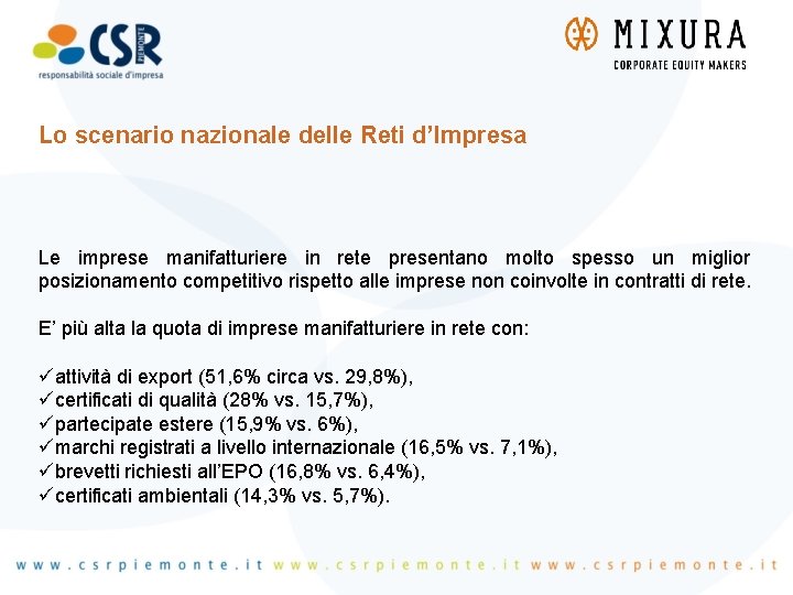 Lo scenario nazionale delle Reti d’Impresa Le imprese manifatturiere in rete presentano molto spesso