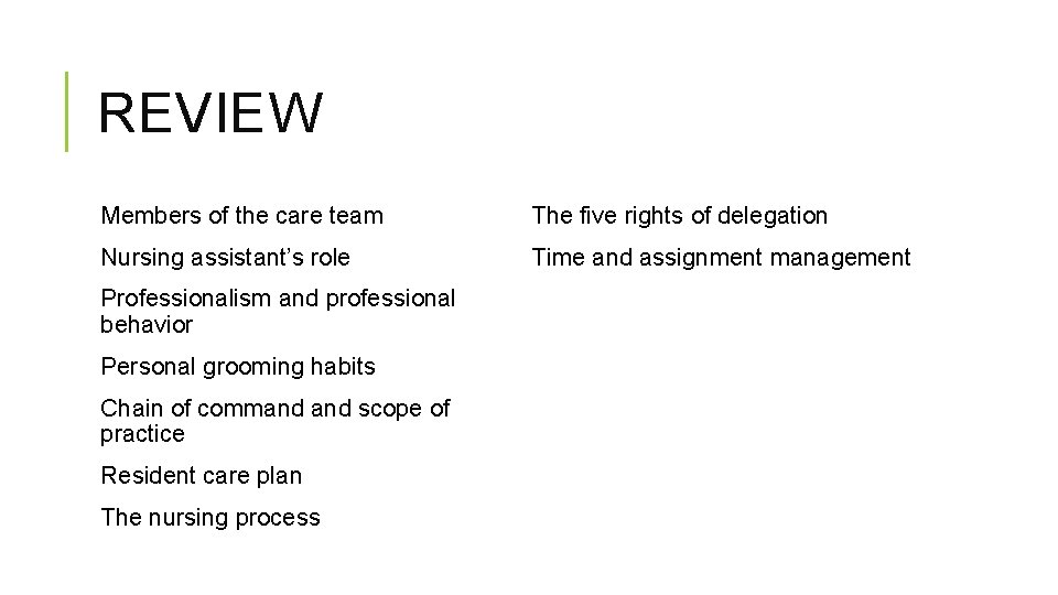 REVIEW Members of the care team The five rights of delegation Nursing assistant’s role