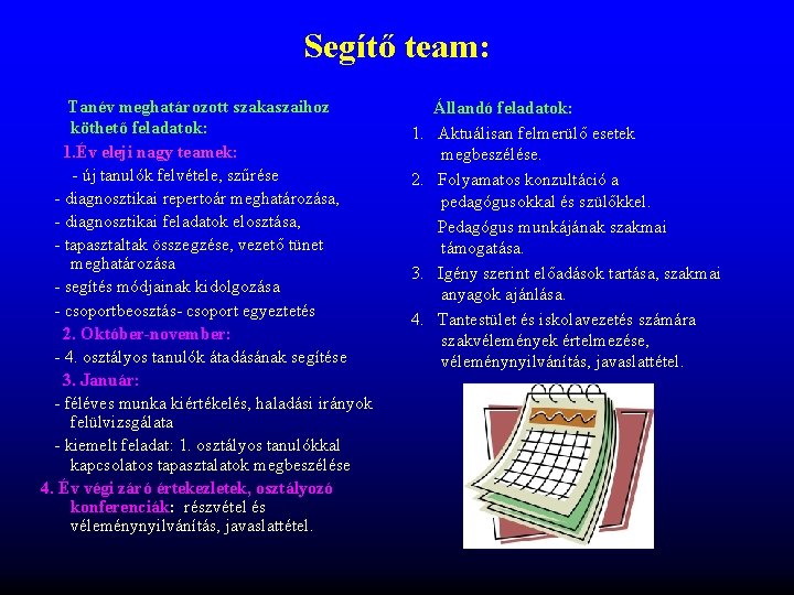 Segítő team: Tanév meghatározott szakaszaihoz köthető feladatok: 1. Év eleji nagy teamek: - új Segítő team: Tanév meghatározott szakaszaihoz köthető feladatok: 1. Év eleji nagy teamek: - új