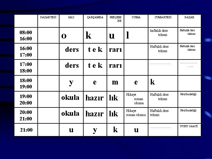 PAZARTESİ 08: 00 16: 00 17: 00 SALI o ders 18: 00 19: 00