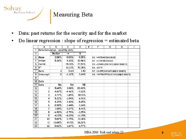 Measuring Beta • Data: past returns for the security and for the market •