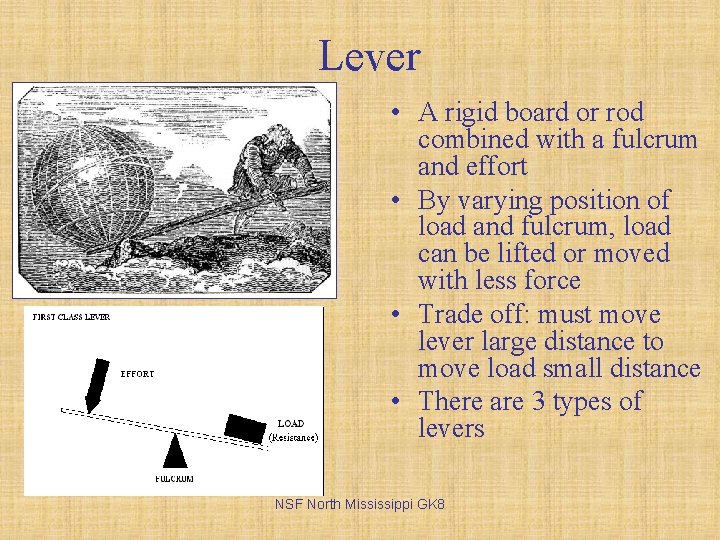 Lever • A rigid board or rod combined with a fulcrum and effort •