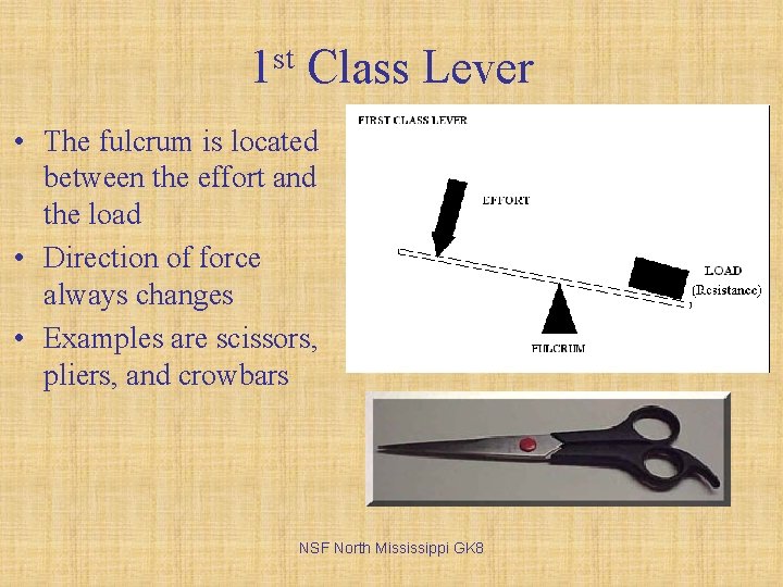 st 1 Class Lever • The fulcrum is located between the effort and the
