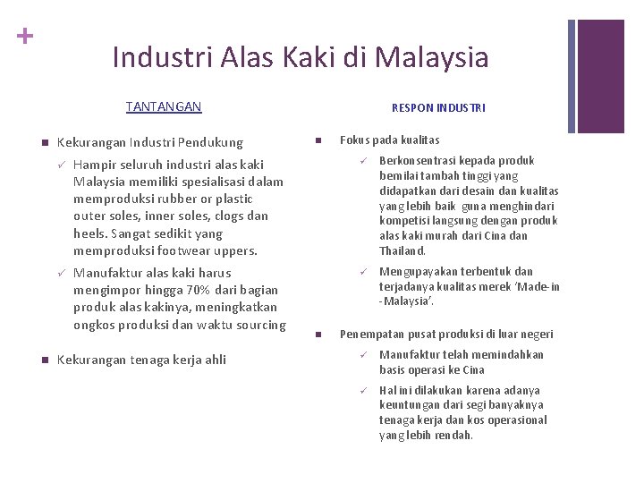 + Industri Alas Kaki di Malaysia TANTANGAN n n Kekurangan Industri Pendukung RESPON INDUSTRI + Industri Alas Kaki di Malaysia TANTANGAN n n Kekurangan Industri Pendukung RESPON INDUSTRI