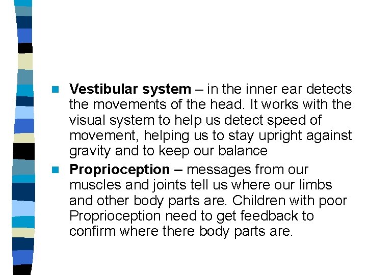 Vestibular system – in the inner ear detects the movements of the head. It