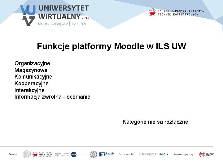 Funkcje platformy Moodle w ILS UW Organizacyjne Magazynowe Komunikacyjne Kooperacyjne Interakcyjne Informacja zwrotna -