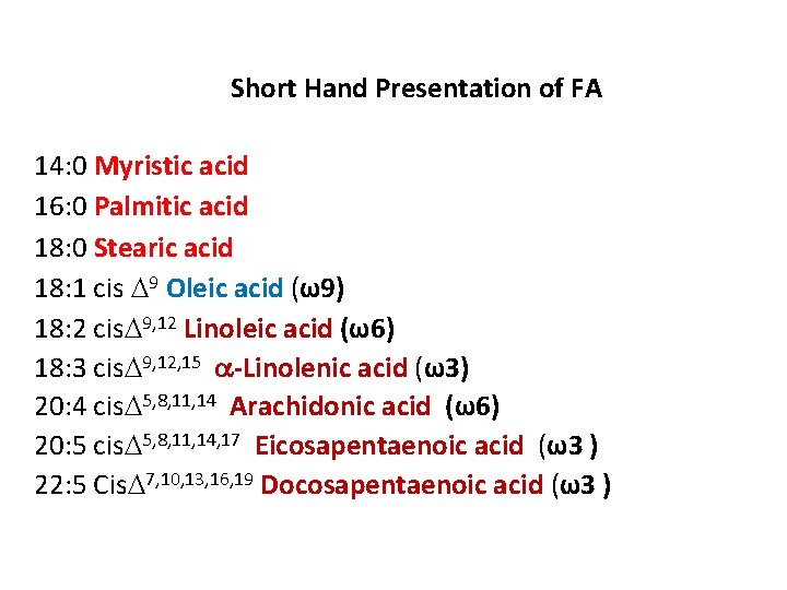 Short Hand Presentation of FA 14: 0 Myristic acid 16: 0 Palmitic acid 18: