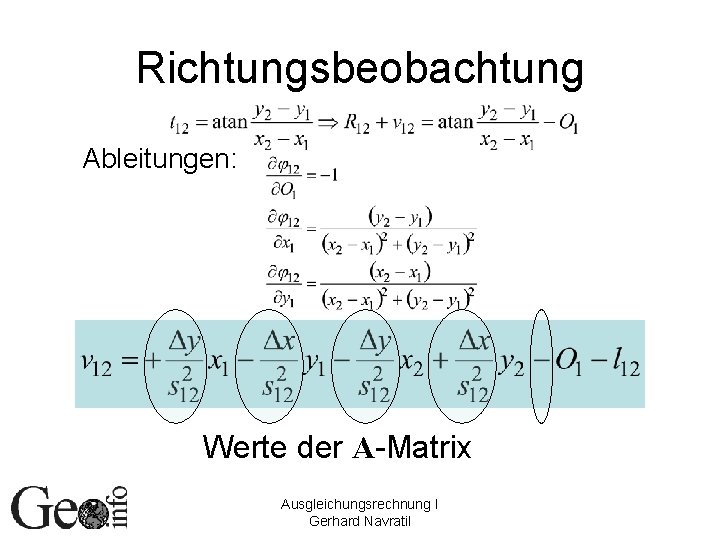 Richtungsbeobachtung Ableitungen: Werte der A-Matrix Ausgleichungsrechnung I Gerhard Navratil 
