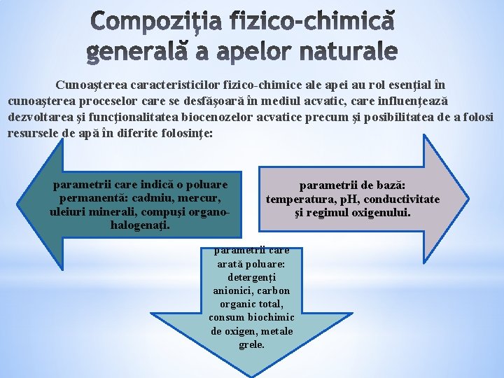 Cunoaşterea caracteristicilor fizico-chimice ale apei au rol esenţial în cunoaşterea proceselor care se desfăşoară Cunoaşterea caracteristicilor fizico-chimice ale apei au rol esenţial în cunoaşterea proceselor care se desfăşoară