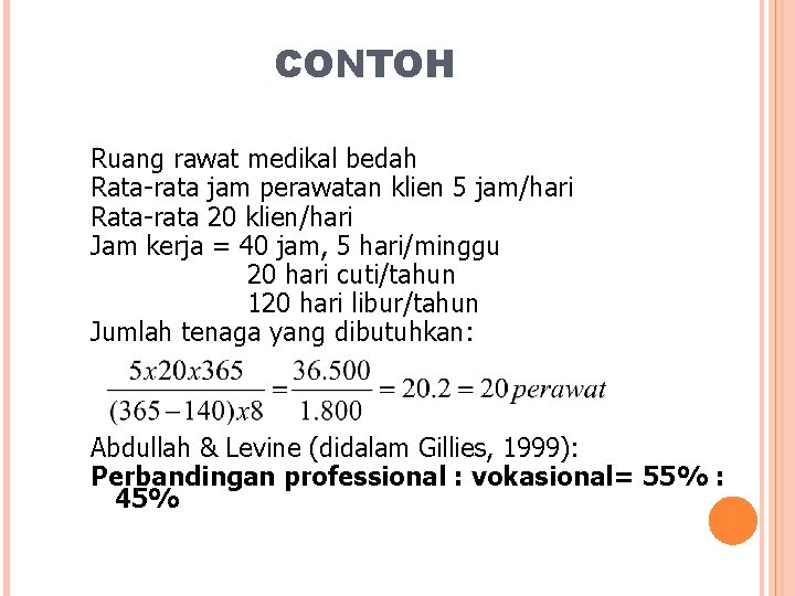 CONTOH Ruang rawat medikal bedah Rata-rata jam perawatan klien 5 jam/hari Rata-rata 20 klien/hari