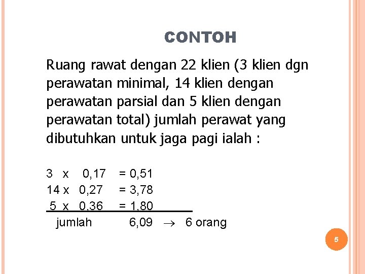 CONTOH Ruang rawat dengan 22 klien (3 klien dgn perawatan minimal, 14 klien dengan