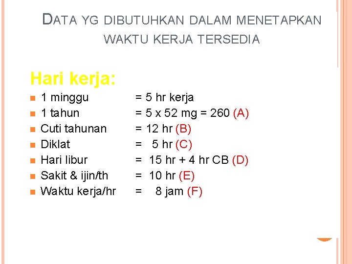 DATA YG DIBUTUHKAN DALAM MENETAPKAN WAKTU KERJA TERSEDIA Hari kerja: n n n n