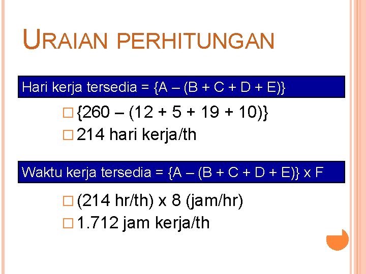 URAIAN PERHITUNGAN Hari kerja tersedia = {A – (B + C + D +