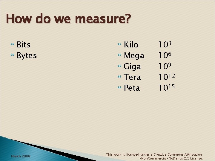 How do we measure? Bits Bytes March 2008 Kilo Mega Giga Tera Peta 103