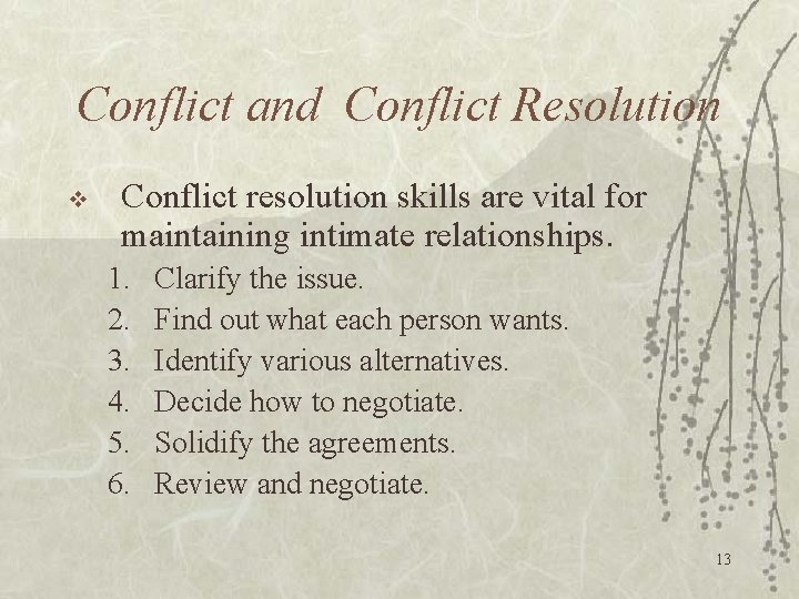 Conflict and Conflict Resolution v Conflict resolution skills are vital for maintaining intimate relationships.