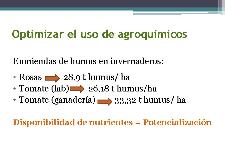 Optimizar el uso de agroquímicos Enmiendas de humus en invernaderos: • Rosas 28, 9