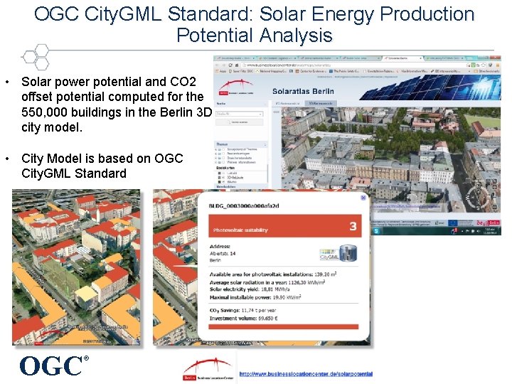 OGC City. GML Standard: Solar Energy Production Potential Analysis • Solar power potential and