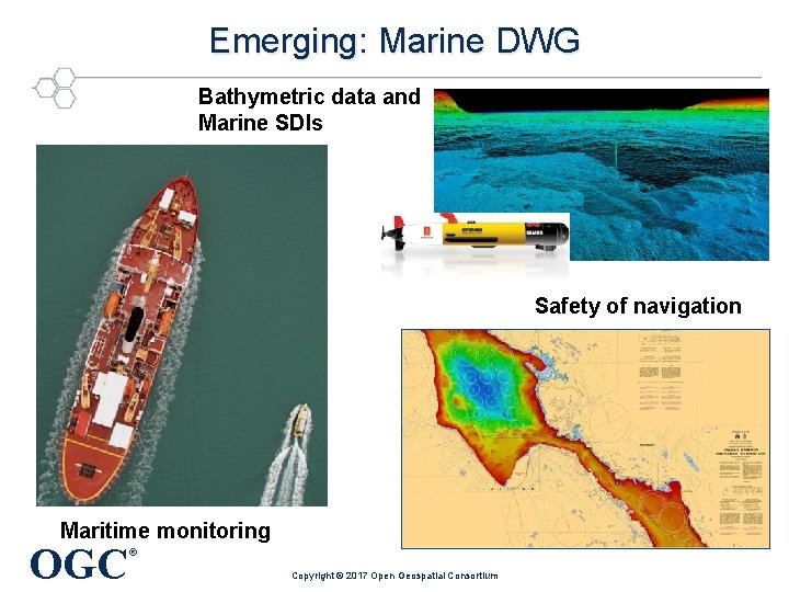 Emerging: Marine DWG Bathymetric data and Marine SDIs Safety of navigation Maritime monitoring OGC