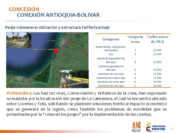 CONCESIÓN CONEXIÓN ANTIOQUIA-BOLIVAR Peaje Caimanera: Ubicación y estructura tarifaria actual Categorías Automóviles, camperos y