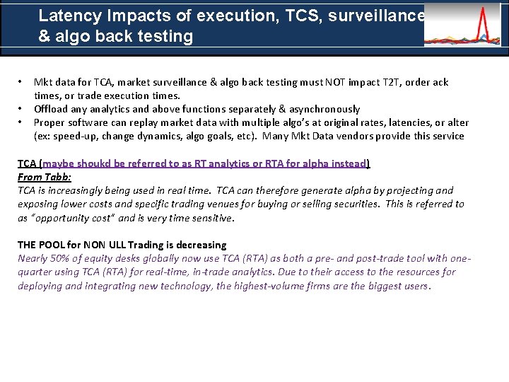 Latency Impacts of execution, TCS, surveillance & algo back testing • • • Mkt