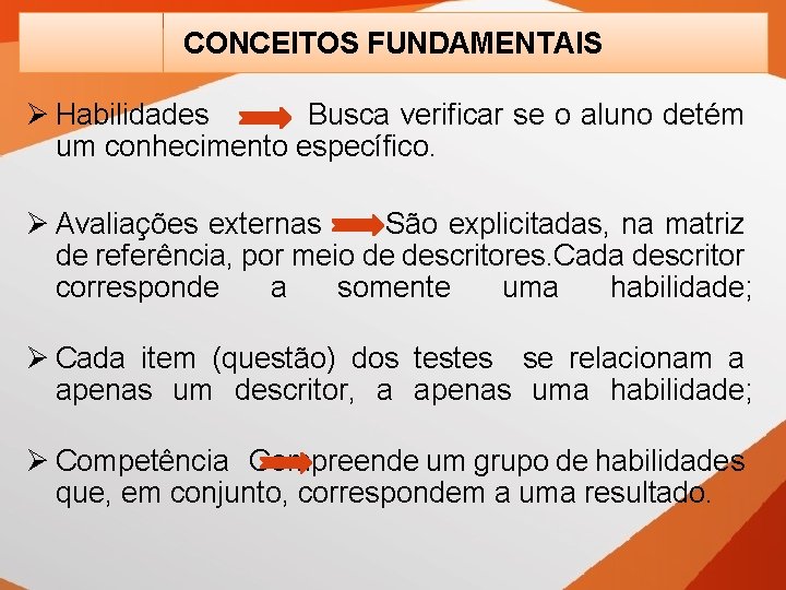 CONCEITOS FUNDAMENTAIS Ø Habilidades Busca verificar se o aluno detém um conhecimento específico. Ø