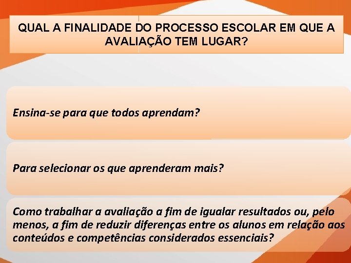 QUAL A FINALIDADE DO PROCESSO ESCOLAR EM QUE A AVALIAÇÃO TEM LUGAR? Ensina-se para